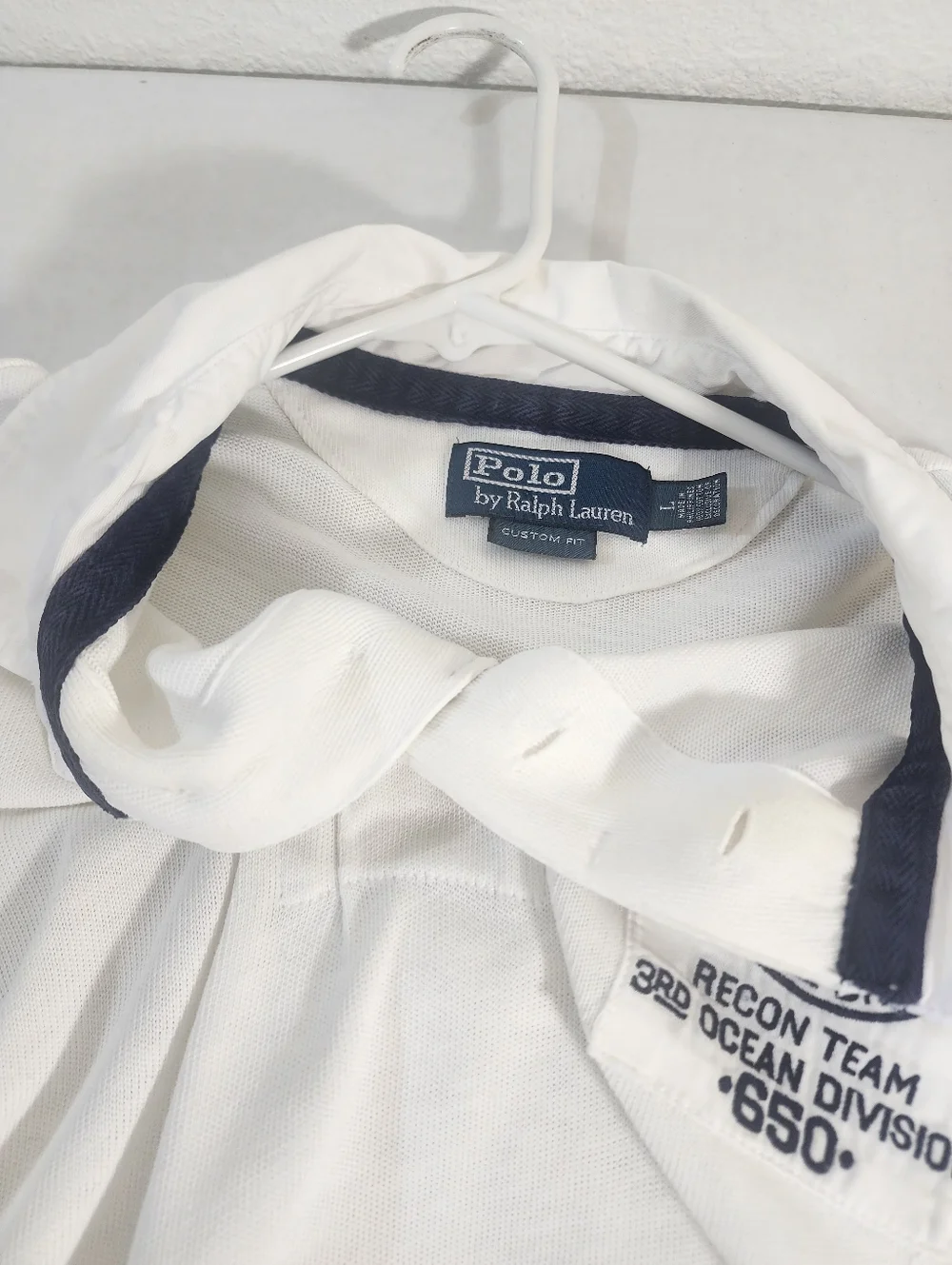 Ralph Lauren Men Vintage Naval Patch Polo Shirt White Long Sleeve Custom Fit L